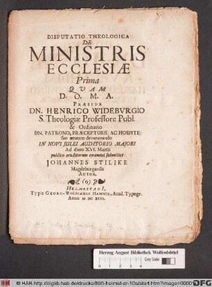 Disputatio Theologica De Ministris Ecclesiae Prima