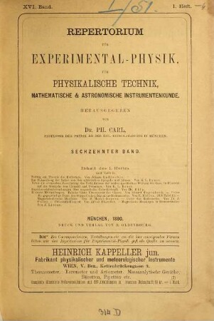 Repertorium für Experimental-Physik, für physikalische Technik, mathematische und astronomische Instrumentenkunde. 16. 1880