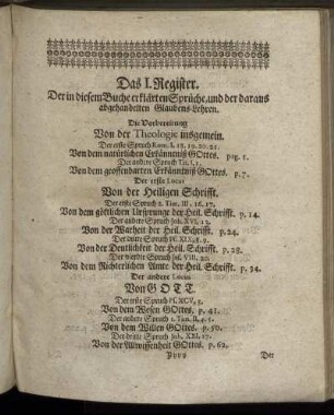 Das I. Register. Der in diesem Buche erklärten Sprüche und der daraus abgehandelten Glaubens-Lehren.