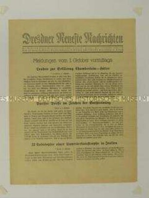 Nachrichtenblatt der "Dresdner Neueste Nachrichten" u.a. über Reaktionen in Großbritannien und Frankreich auf das Münchner Abkommen