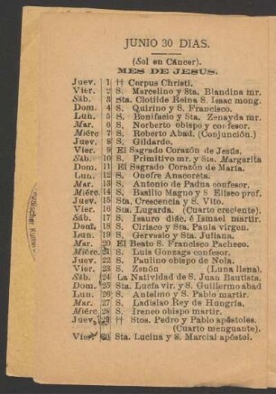 Junio 30 días. : (Sol en Cáncer). Mes de Jesús.
