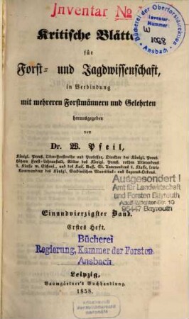 Kritische Blätter für Forst- und Jagdwissenschaft, 41. 1858/59