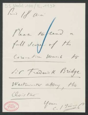 Brief an Augener Ltd.  : o.D. ["18 Mai"]