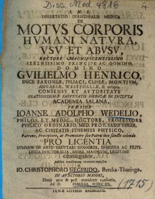 Dissertatio Inavgvralis Medica De Motvs Corporis Hvmani Natvra, Vsv Et Abvsv