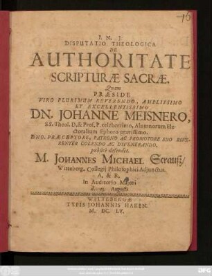 Disputatio Theologica De Authoritate Scripturae Sacrae