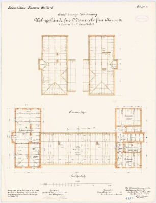 Feldartilleriekaserne, Halle/Saale: Wohnbau für Mannschaften - Kasernen III, VI und V: Grundriss 2. Obergeschoss, Sparrenlage 1:100