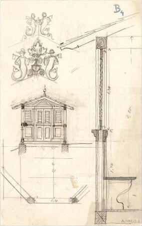 Thiersch, August ; Schönau (Bayern); Aussichtspavillon, Projekt - Teilgrundriss, Ansicht, Schnitt, Detail