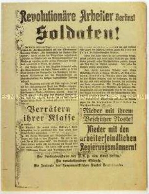Flugblatt von USPD, KPD und revolutionären Obleuten gegen die Reichsregierung im Zuge des Januaraufstandes 1919 in Berlin