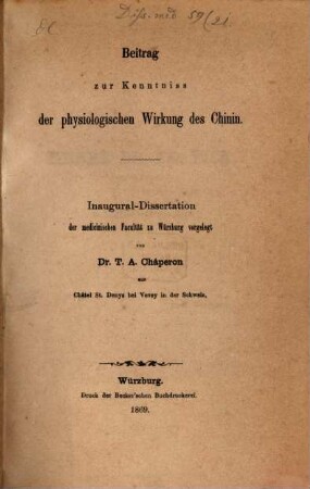 Beitrag zur Kenntniss der physiologischen Wirkung des Chinin
