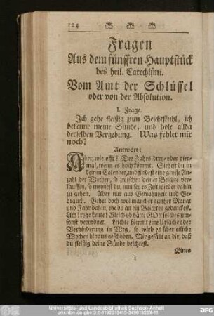 Fragen Aus dem fünfften Hauptstück des heil. Catechismi. Vom Amt der Schlüssel oder von der Absolution.