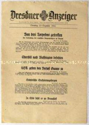 Nachrichtenblatt "Dresdner Anzeiger" zur Versenkung des britischen Flugzeugträgers