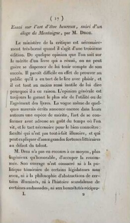 Essai sur l'art d'étre heureux, suivi d'un éloge de Montaigne, par M. Droz