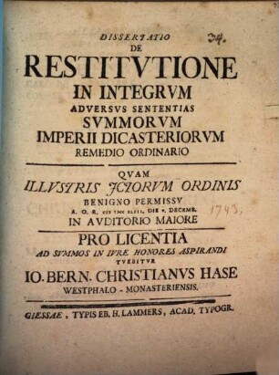 Diss. de restitutione in integrum adversus sententias summorum Imperii dicasteriorum remedio ordinario