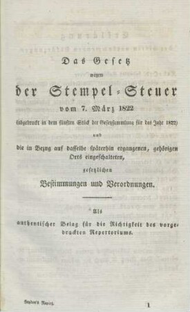 Das Gesetz wegen der Stempel-Steuer vom 7. März 1822 ...
