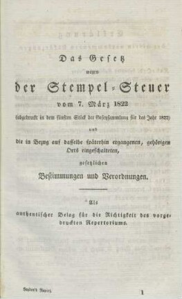 Das Gesetz wegen der Stempel-Steuer vom 7. März 1822 ...