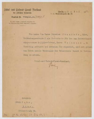 Brief von Talmud-Thora-Vorstand an Edith Rosenzweig