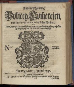Nro. XXIX, Montags, den 18. Julius 1746