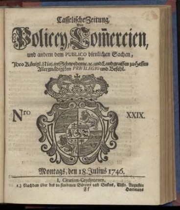 Nro. XXIX, Montags, den 18. Julius 1746