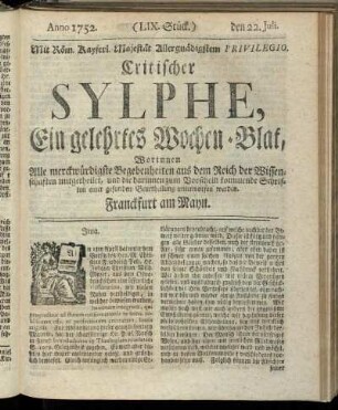 (LIX. Stück.) den 22. Juli. Anno 1752.