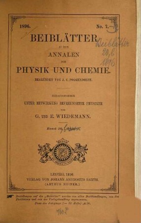 Annalen der Physik. Beiblätter zu den Annalen der Physik. 20, b. 1896