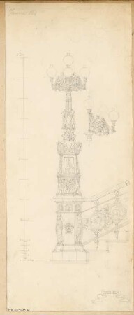 Treppenpfosten mit Kandelaber Monatskonkurrenz Januar 1868: Ansicht; Maßstabsleiste