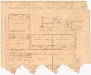 Berufsschulen am Urban, Berlin-Kreuzberg: Berufsschulen am Urban Turnhallentrakt, Grundrisse Erdgeschoss, 1., 2. Obergeschoss, Schnitte 1:200