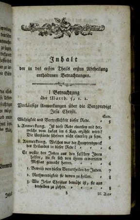 Inhalt der in des ersten Theils ersten Abtheilung enthaltenen Betrachtungen.