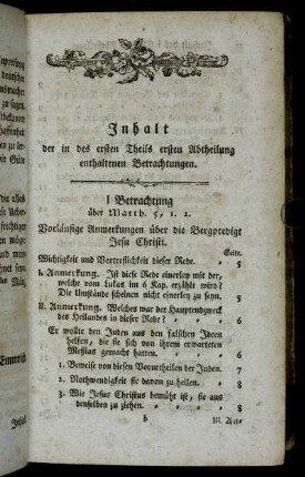 Inhalt der in des ersten Theils ersten Abtheilung enthaltenen Betrachtungen.
