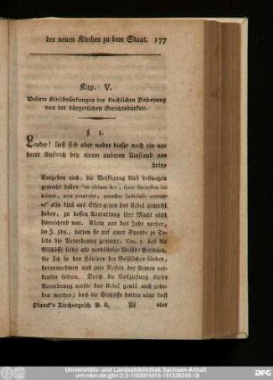 Kap. V. Weitere Einschränkungen der kirchlichen Befreyung von der bürgerlichen Gerichtsbarkeit.
