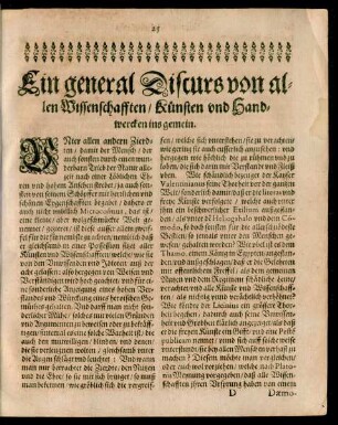 Ein general Discurs von allen Wissenschafften/ Künsten und Handwercken ins gemein.