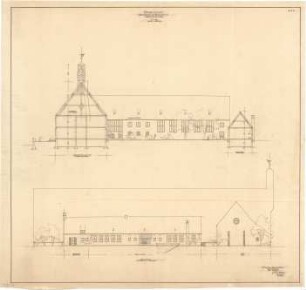 Gsaenger, Gustav; Eberswalde (Brandenburg); Projekt Gesamtentwicklungsplan, Stadtkrone, Vierjahresplan-Siedlung (Schule) - Vierjahresplan-Siedlung, Schule (Querschnitt); Werkschule u. Turnhalle (Ansicht)
