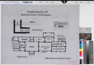 Empfangsgebäude [Bahnhof] Gelsenkirchen-Rotthausen: Grundriß Erdgeschoß, Lageplan, o.~M. Hga, Sknr.: 1, Fanr.: 15, Bunr.: 10