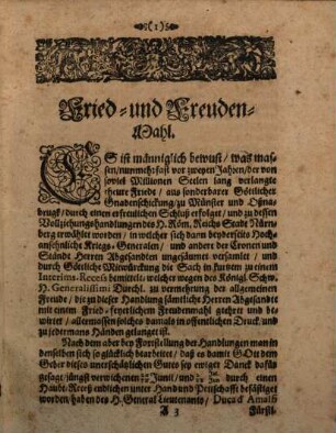 Eigentliche Beschreibung, auch Grund- und Perspectivischer Abriß des Fried- und Freudenmahls, Schauspiel und Feuerwerks : so auf allergnädigsten Befehl der Röm. Keys. May. Denen, Suedischen Generalissimo, Herrn Pfaltzgr. Carl Gustaf, Chur: Fürsten und Stände ... von H. General Lieut. Duca d'Amalfi angestellet und gehalten worden, bey Nürnberg ... den 14/4 Heumonds, im Jahr nach der Christgeburt 1650.