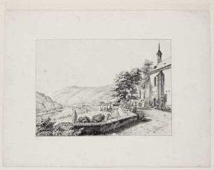 Stift Neuburg, Blick von der Stiftsterrasse auf die Kapelle und das Neckartal