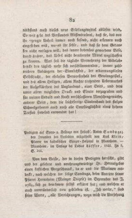 82-91 "Predigten auf Sonn- und Festtage von Anton Sambuga, den Freunden des Verlebten mitgetheilt" von Karl Klein