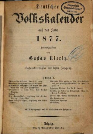 Deutscher Volkskalender. 1877 = N.F. 27