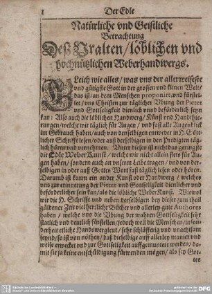 Natürliche und Geistliche Betrachtung Desz Uralten/löblichen und hochnützlichen Weberhandwergs.