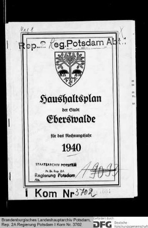 Haushaltsplan der Stadt Eberswalde für das Rechnungsjahr 1940