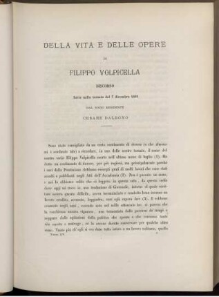 DELLÄ VITA E DELLE OPERE DI FILIPPO VOLPICELLA DISCORSO Letto nella tornata del 7 dicembre 1881