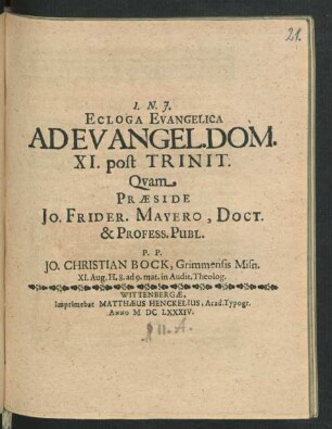 Ecloga Evangelica Ad Evangel. Dom. XI. post Trinit.