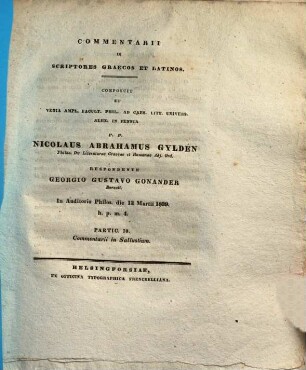 Commentarii in scriptores Graecos et Latinos, Partic. 10.. Commentarii in Sallustium