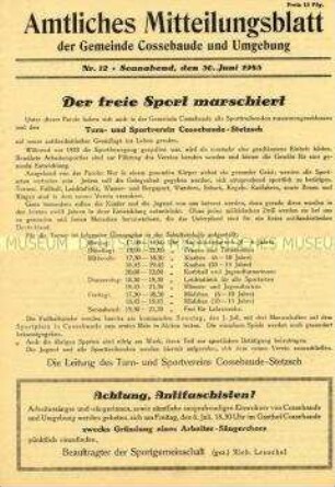 Kommunales Mitteilungsblatt u.a. zur Gründung eines Sportvereins, zur Lebensmittelbewirtschaftung und mit Anzeigen von Geschäften und Handwerksbetrieben