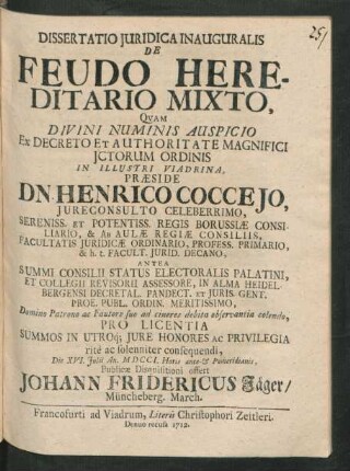 Dissertatio Iuridica Inauguralis De Feudo Hereditario Mixto