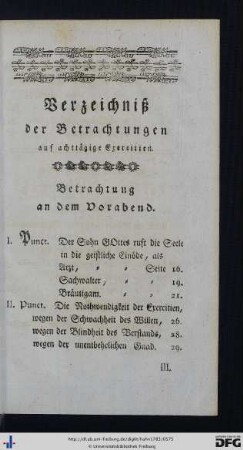 Verzeichniß der Betrachtungen auf achttägige Exercitien.