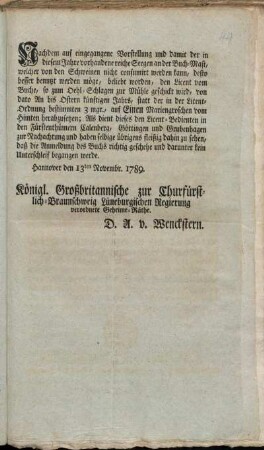 Nachdem auf eingegangene Vorstellung und damit der in diesem Jahre vorhandene reiche Seegen an der Buch-Mast, welcher von den Schweinen nicht consumirt werden kann ... : Hannover den 13ten Novembr. 1789. ...