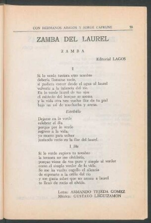 Zamba del Laurel : Zamba. - Editorial Lagos