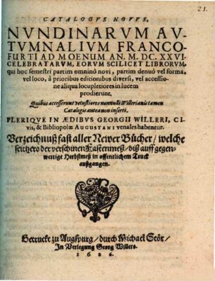 Catalogus novus nundinarum autumnalium Francofurti ad Moenum An. M.DC.XXVI Celebratarum, eorum scil. librorum, qui ... in lucem prodierunt