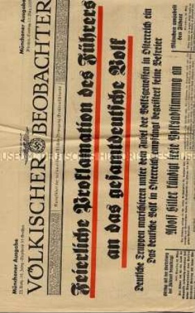 Tageszeitung "Völkischer Beobachter" zum Bekenntnis deutscher und österreichischer Bischöfe zum Deutschen Reich