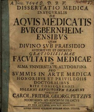Dissertatio Medica Inavgvralis De Aqvis Medicatis Bvrgbernheimensibvs