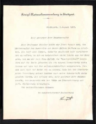 Brief von Lampert (Königliche Naturaliensammlung Stuttgart)